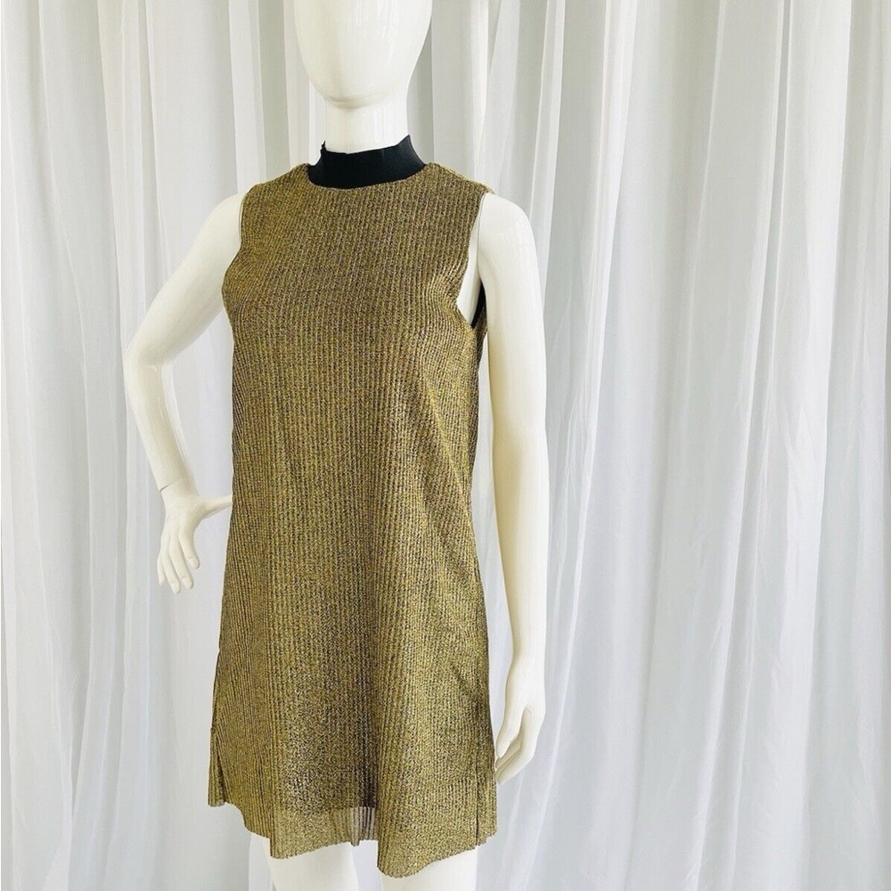 ZARA TRAFALUC Gold Metallic Mini Shift Dress Mock Neck - Picture 8 of 11